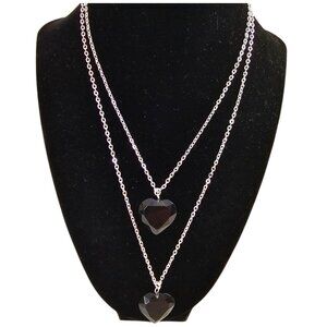 Double Layered Silver Plated Necklace With Black Acrylic Heart Pendants Elegant